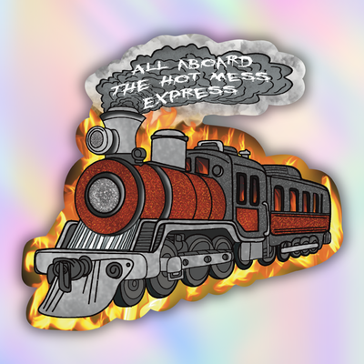 A die-cut sticker or decal featuring a cartoon steam locomotive with flames and a smoke cloud reading “ALL ABOARD THE HOT MESS EXPRESS.” The train is red, gray, and black, set against a soft pastel rainbow gradient background.