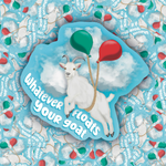 A whimsical illustrated product design featuring a white goat floating on a light blue cloud with two balloons, one green and one red, over a repeating patterned background. The main design includes the phrase “Whatever floats your goat.