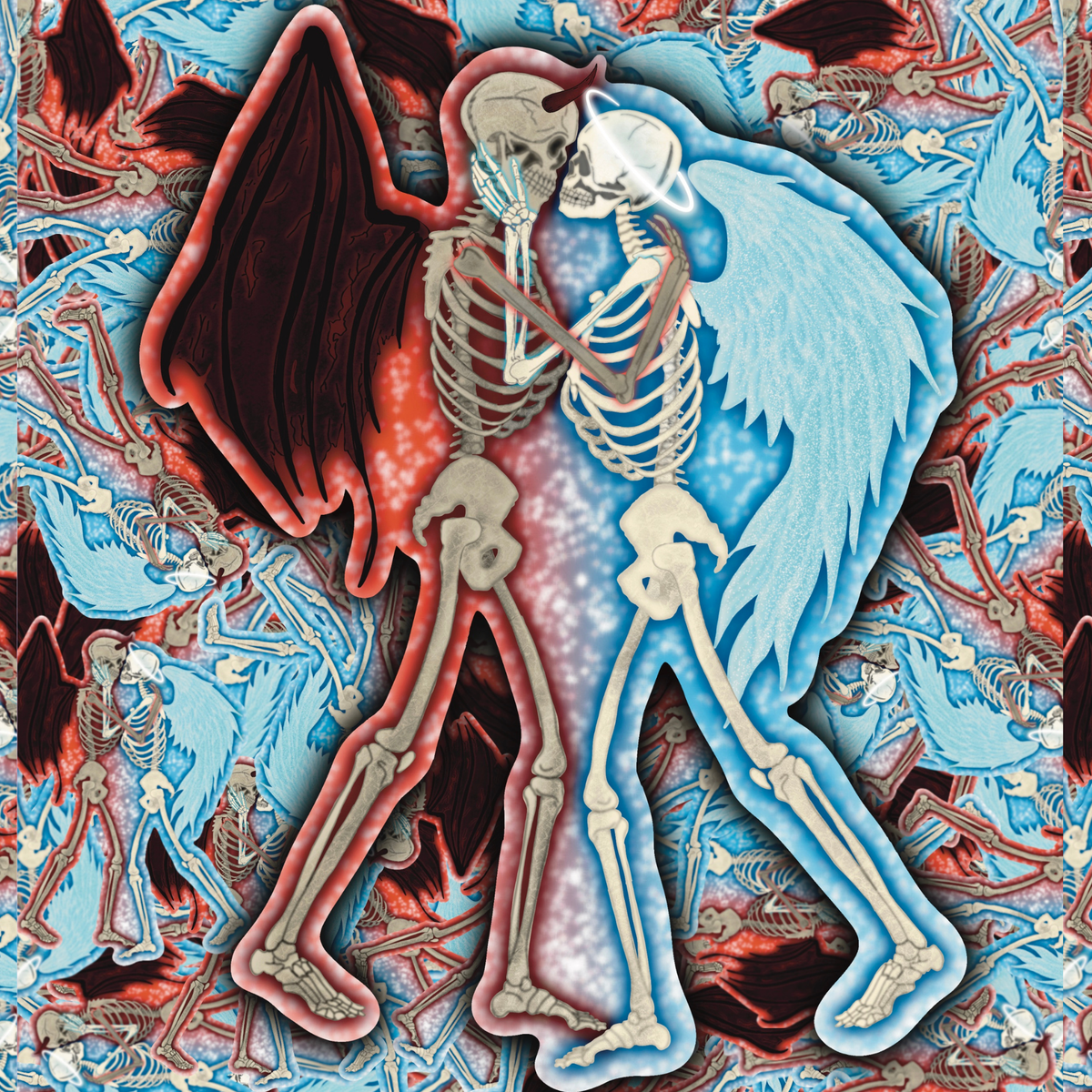 A surreal artwork showing two kissing skeleton figures, one with a dark red wing and one with a light blue wing, set against a dense background of blue, red, and skeletal figures.