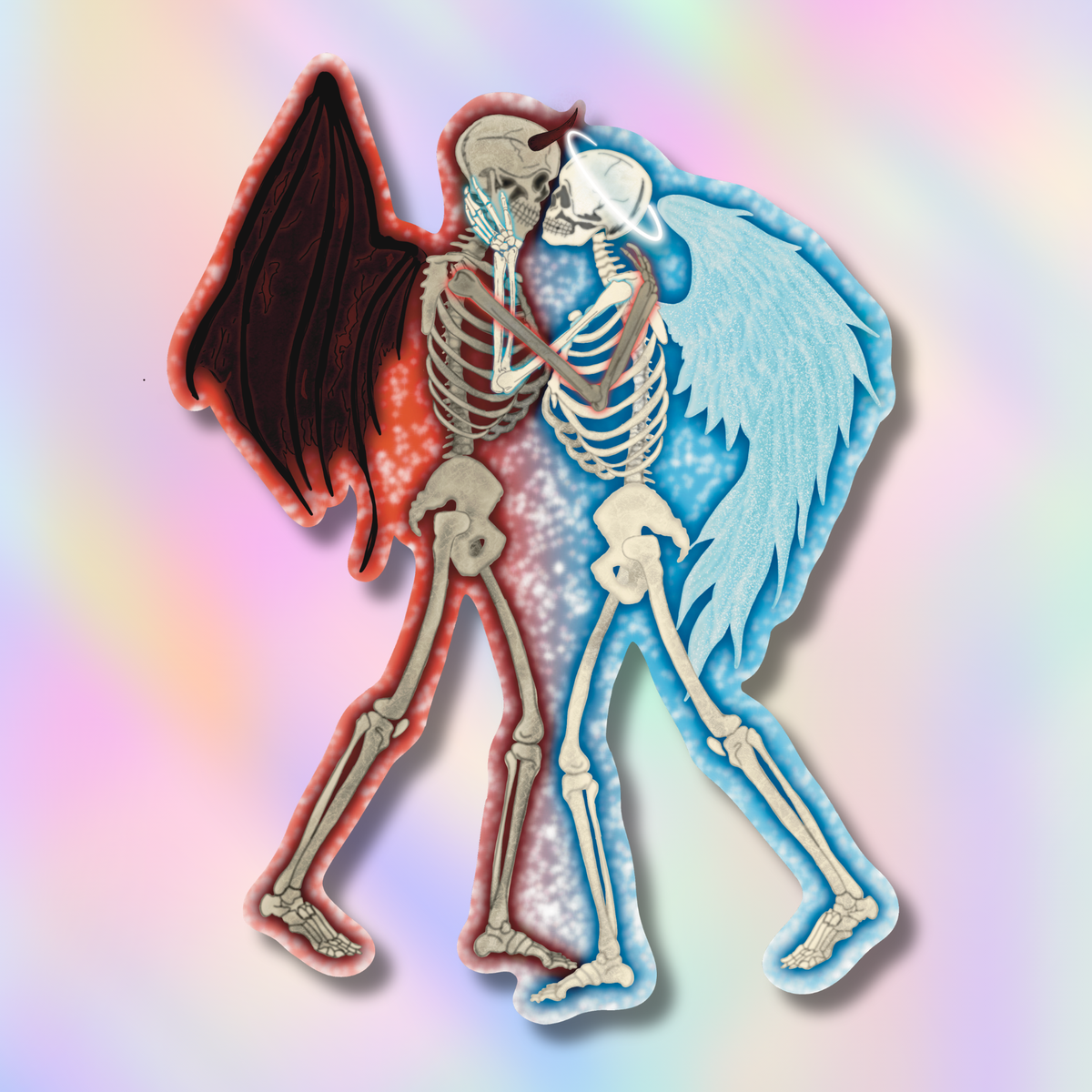 A die-cut sticker featuring two dancing skeletons, one with dark red wings and the other with light blue wings, set against a pastel rainbow gradient background.