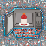 A stylized graphic of an open microwave with a bottle of Gatorade inside on a plate, surrounded by a blue border and repeated microwave illustrations in the background. Text reads, 'someone take the Gatorade out of the microwave.