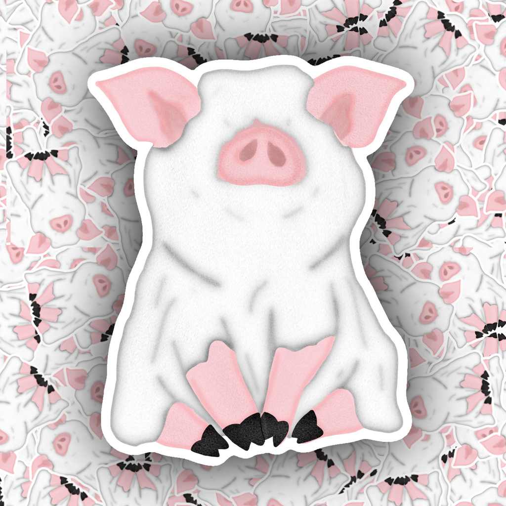 A die-cut sticker of a cute cartoon pig, featuring a white body, pink ears and snout, and pink feet with black toenails, shown against a patterned background of the same design.