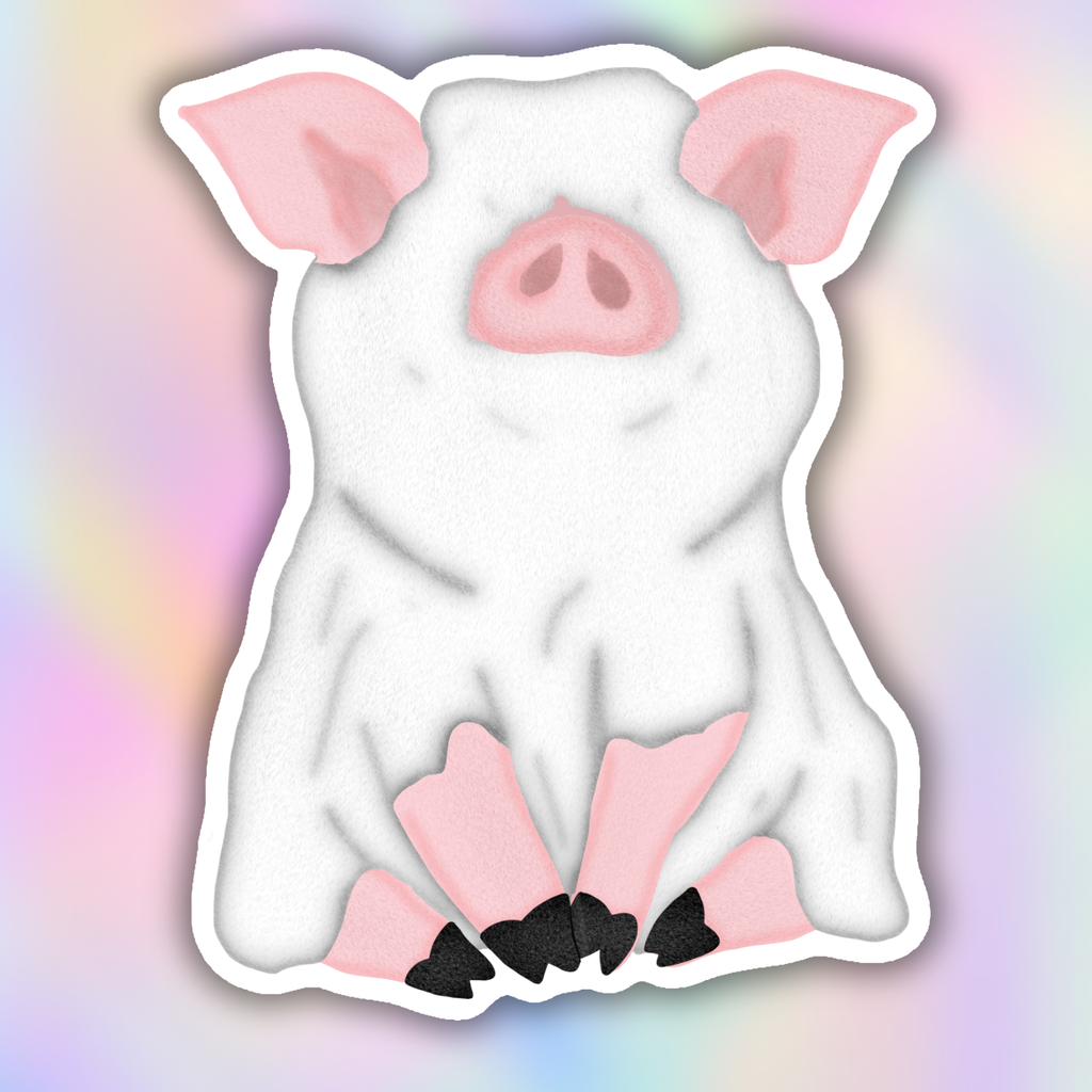 A die-cut sticker of a cute cartoon pig with pink ears, snout, and feet, and black toenails, shown against a pastel rainbow gradient background.
