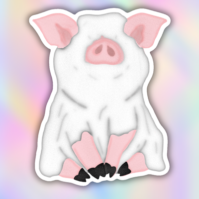 A die-cut sticker of a cute cartoon pig with pink ears, snout, and feet, and black toenails, shown against a pastel rainbow gradient background.