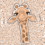 A die-cut sticker featuring a cute cartoon giraffe head and neck, shown against a matching patterned background of the same design.