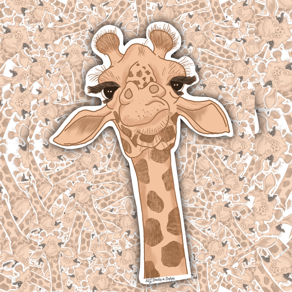 A die-cut sticker featuring a cute cartoon giraffe head and neck, shown against a matching patterned background of the same design.