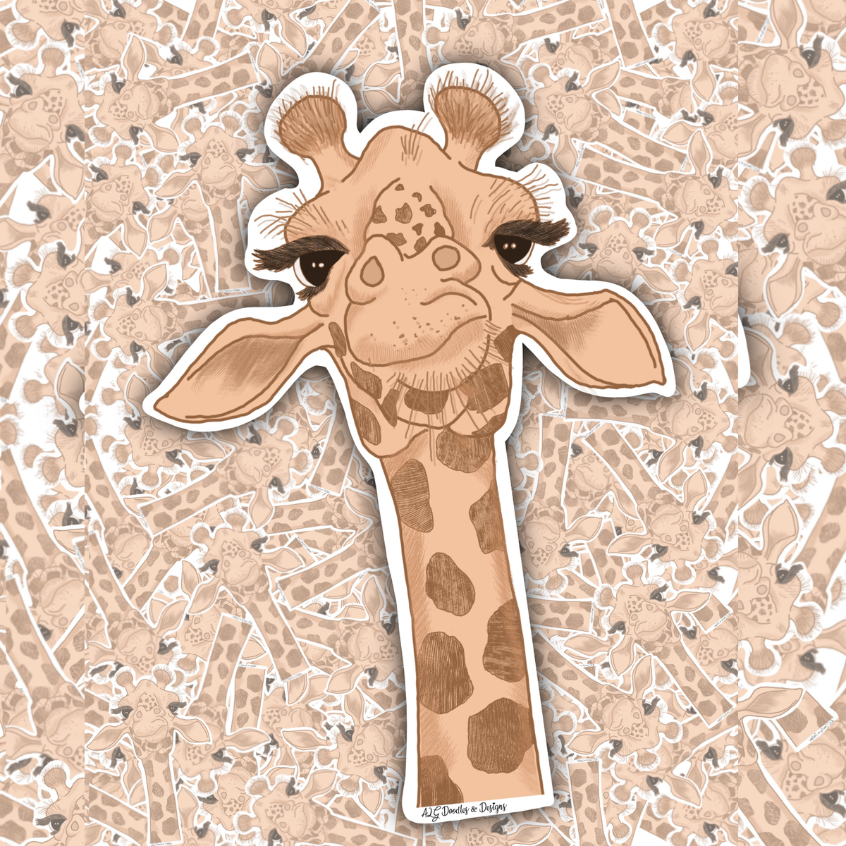 A die-cut sticker featuring a cute cartoon giraffe head and neck, shown against a matching patterned background of the same design.