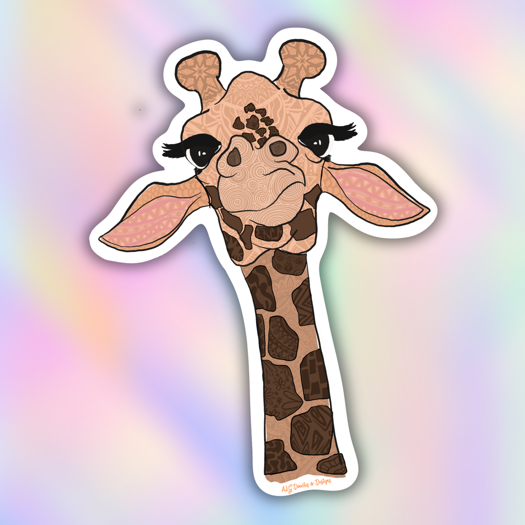 A die-cut sticker featuring a stylized giraffe head and neck with intricate geometric patterns, shown against a pastel rainbow gradient background.