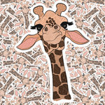 A die-cut sticker featuring a cute cartoon giraffe head with long eyelashes, set against a matching patterned background of giraffe faces and leaves.