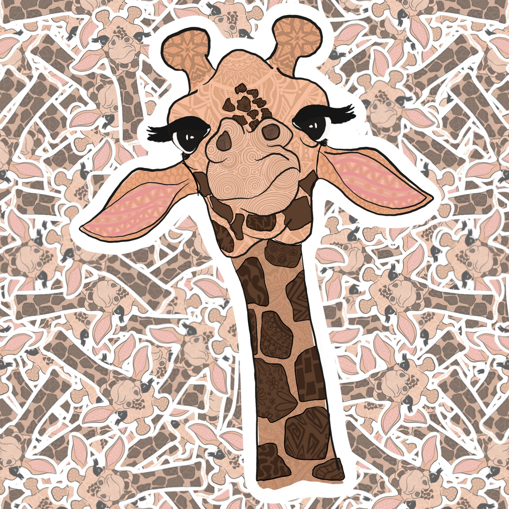 A die-cut sticker featuring a cute cartoon giraffe head with long eyelashes, set against a matching patterned background of giraffe faces and leaves.