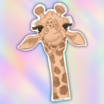 A die-cut sticker featuring a cute, stylized cartoon giraffe head and neck with long eyelashes, shown against a pastel rainbow gradient background.