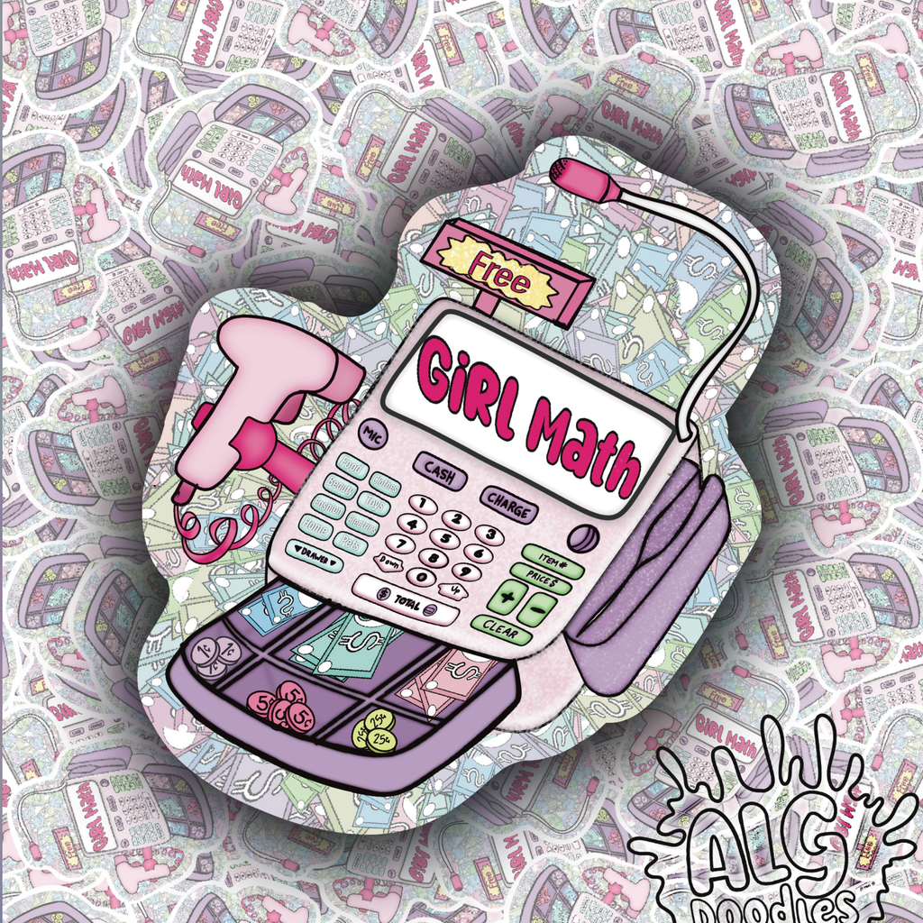 A die-cut sticker featuring a retro calculator illustration with the words 'GIRL Math' on the screen, pink headphones, and a 'Free' sign, set against a patterned background of matching doodle-style newspaper pages. The brand name 'ALG doodles' is visible in the bottom right corner.