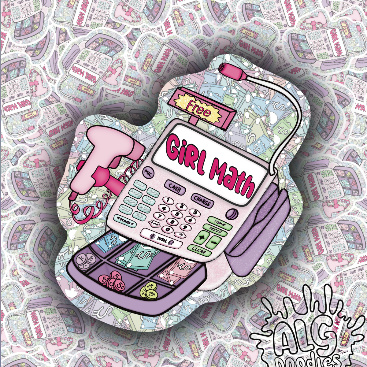 A die-cut sticker featuring a retro calculator illustration with the words 'GIRL Math' on the screen, pink headphones, and a 'Free' sign, set against a patterned background of matching doodle-style newspaper pages. The brand name 'ALG doodles' is visible in the bottom right corner.