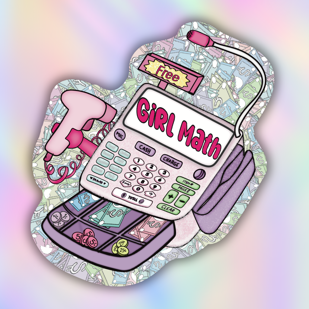 A die-cut sticker featuring a retro-style math calculator with the words 'GIRL Math' on the screen, a pink rotary phone, and a patterned background, shown on a pastel rainbow gradient backdrop.