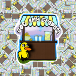 A die-cut sticker featuring a cartoon yellow duck standing in front of a lemonade stand with the text 'Got Any Grapes?'. The sticker is shown centered over a repeating background pattern of the same design.