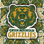 A die-cut sticker featuring a stylized green and gold grizzly bear head with the words “GREEN MOUNTAIN GRIZZLIES” below it, shown against a repeated pattern of the same sticker design.