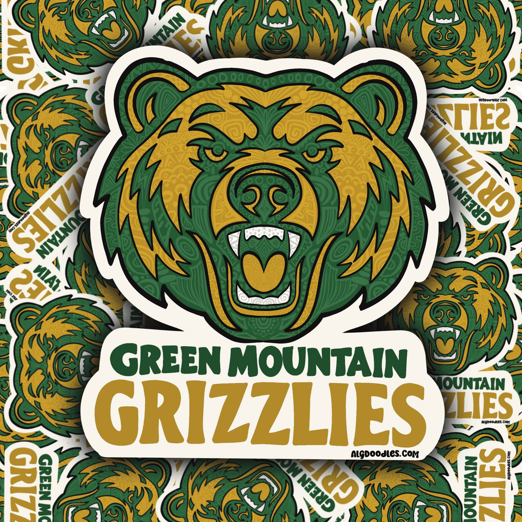 A die-cut sticker featuring a stylized green and gold grizzly bear head with the words “GREEN MOUNTAIN GRIZZLIES” below it, shown against a repeated pattern of the same sticker design.