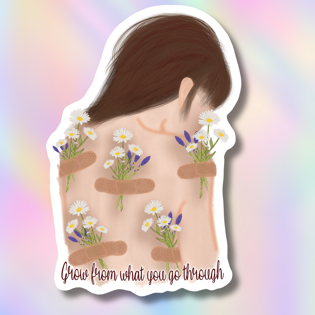 A die-cut sticker featuring an illustration of a woman from behind with flowers and bandages on her back, and the text 'Glow from what you go through' at the bottom, shown against a pastel rainbow gradient background.