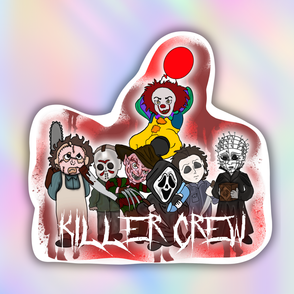 A die-cut sticker featuring cartoon illustrations of horror movie villains with the text 'KILLER CREW' at the bottom, shown on a pastel iridescent gradient background.