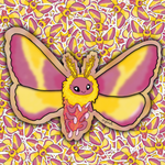 A die-cut sticker of a cute cartoon moth with yellow and pink wings, displayed over a repeating stickers in the background .