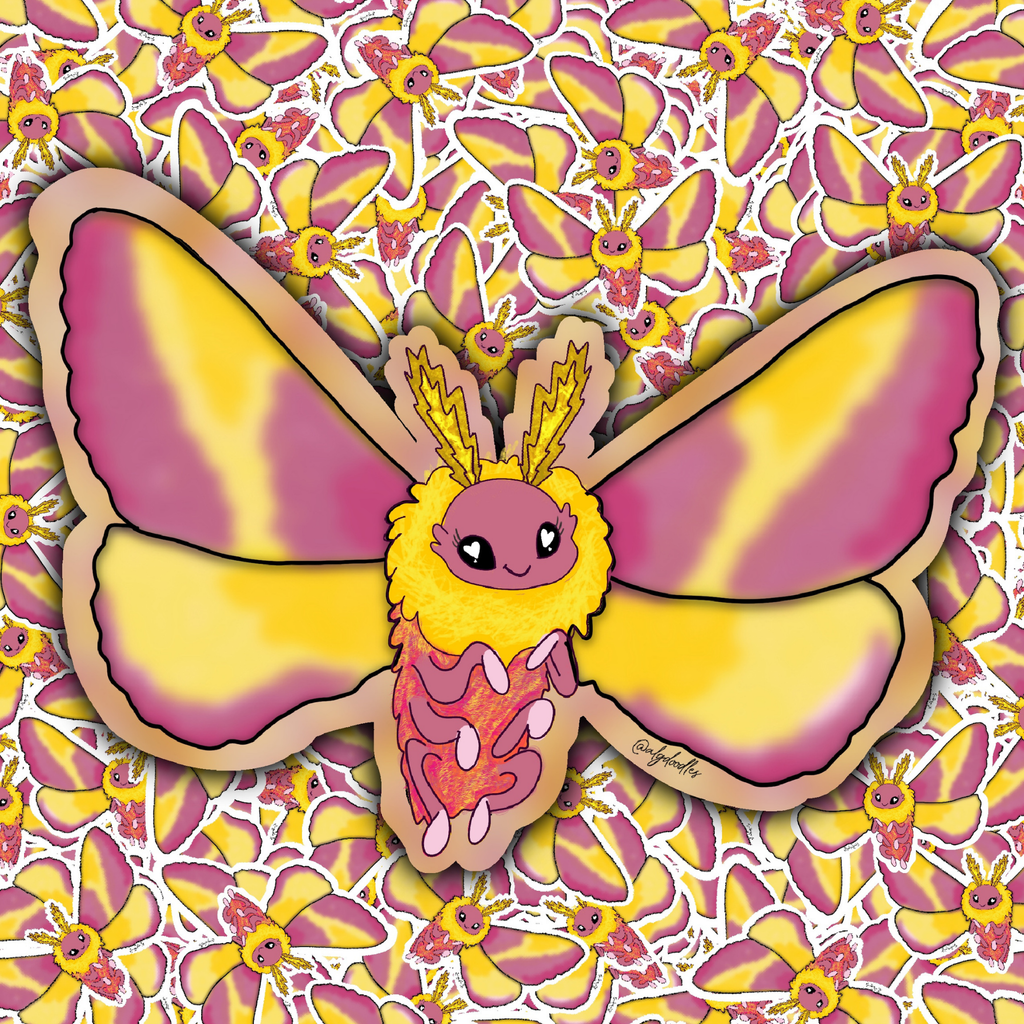 A die-cut sticker of a cute cartoon moth with yellow and pink wings, displayed over a repeating stickers in the background .