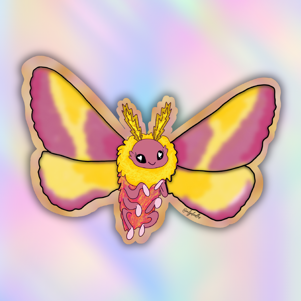a cartoon style pink and yellow lemonade moth diecut sticker on a pastel background 