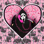 A stylized graphic featuring a hooded ghost-face character in black with a bright pink phone and a knife, centered inside a large pink heart filled with smaller hearts and the text 'xo xo'. The background is a repeating pattern of the same heart-and-charm motif.
