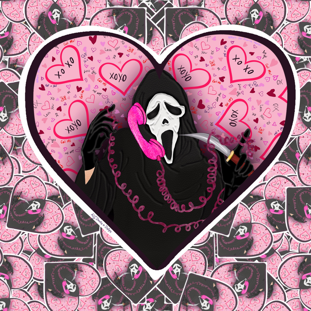 A stylized graphic featuring a hooded ghost-face character in black with a bright pink phone and a knife, centered inside a large pink heart filled with smaller hearts and the text 'xo xo'. The background is a repeating pattern of the same heart-and-charm motif.