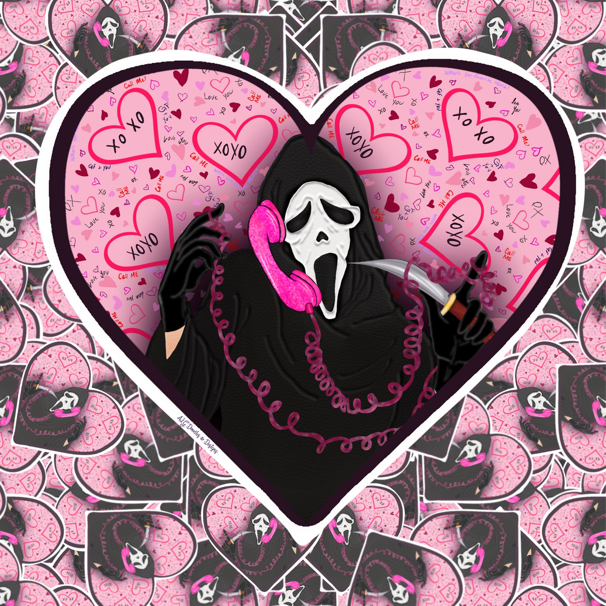 A stylized graphic featuring a hooded ghost-face character in black with a bright pink phone and a knife, centered inside a large pink heart filled with smaller hearts and the text 'xo xo'. The background is a repeating pattern of the same heart-and-charm motif.