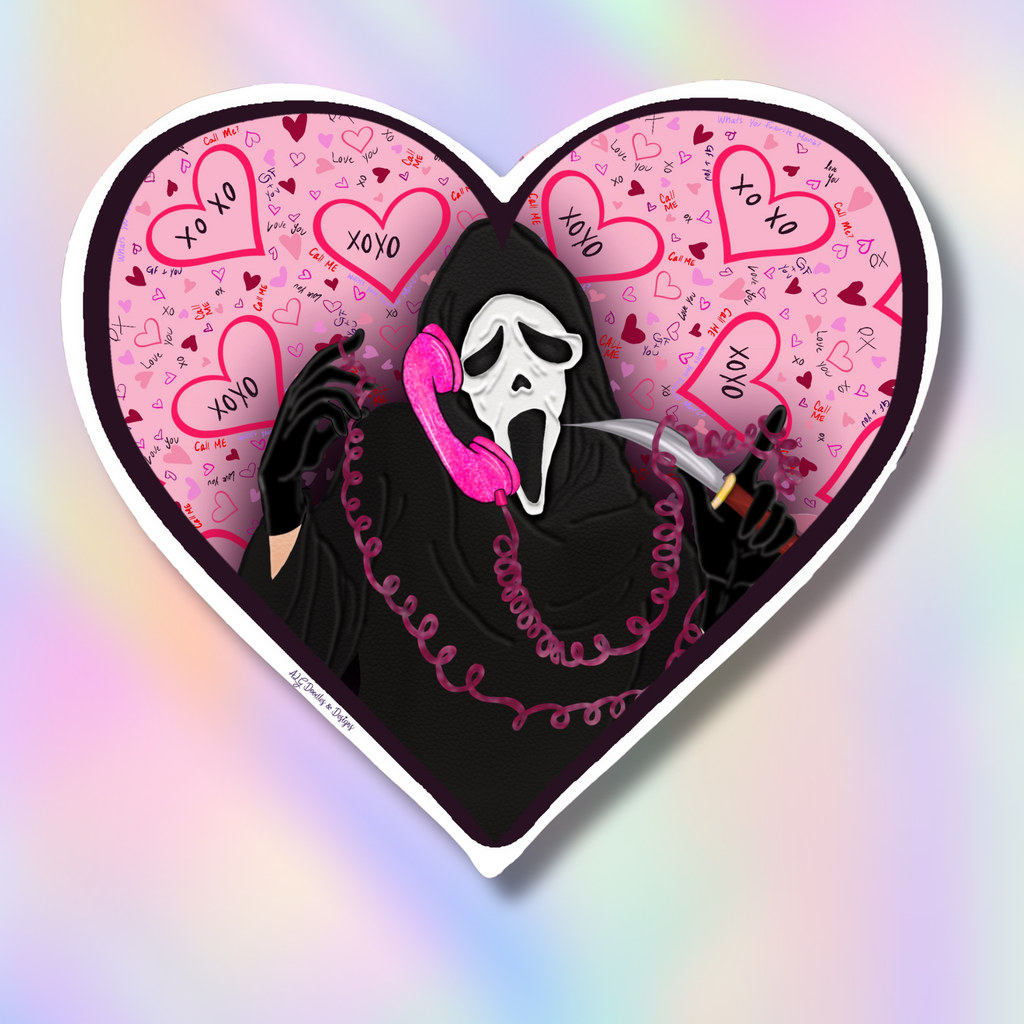 A heart-shaped sticker featuring a Ghostface-style hooded figure in black with a white mask and pink phone, set against a pink Valentine's heart-patterned background. The sticker is centered on a pastel rainbow gradient backdrop.