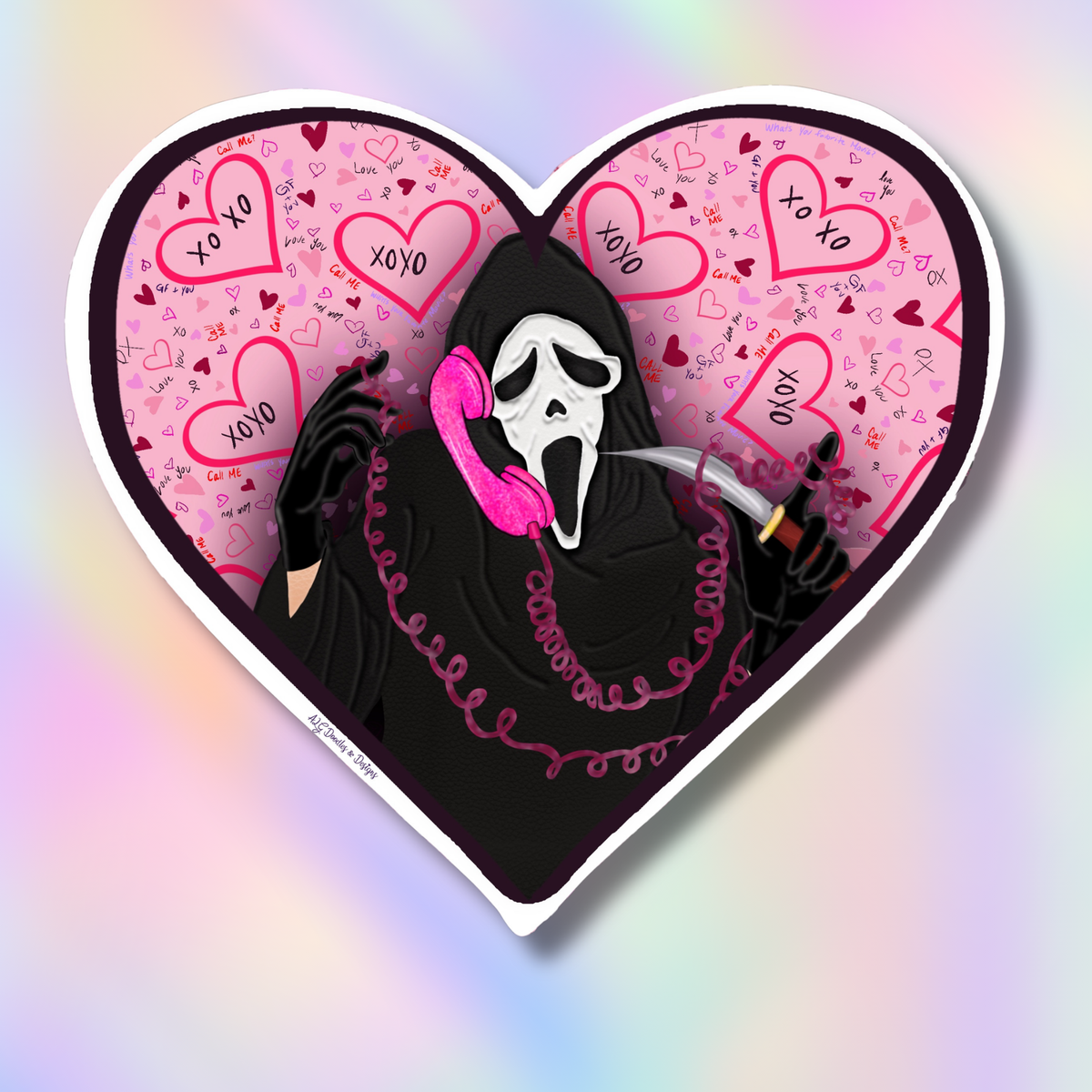 A heart-shaped sticker featuring a Ghostface-style hooded figure in black with a white mask and pink phone, set against a pink Valentine's heart-patterned background. The sticker is centered on a pastel rainbow gradient backdrop.