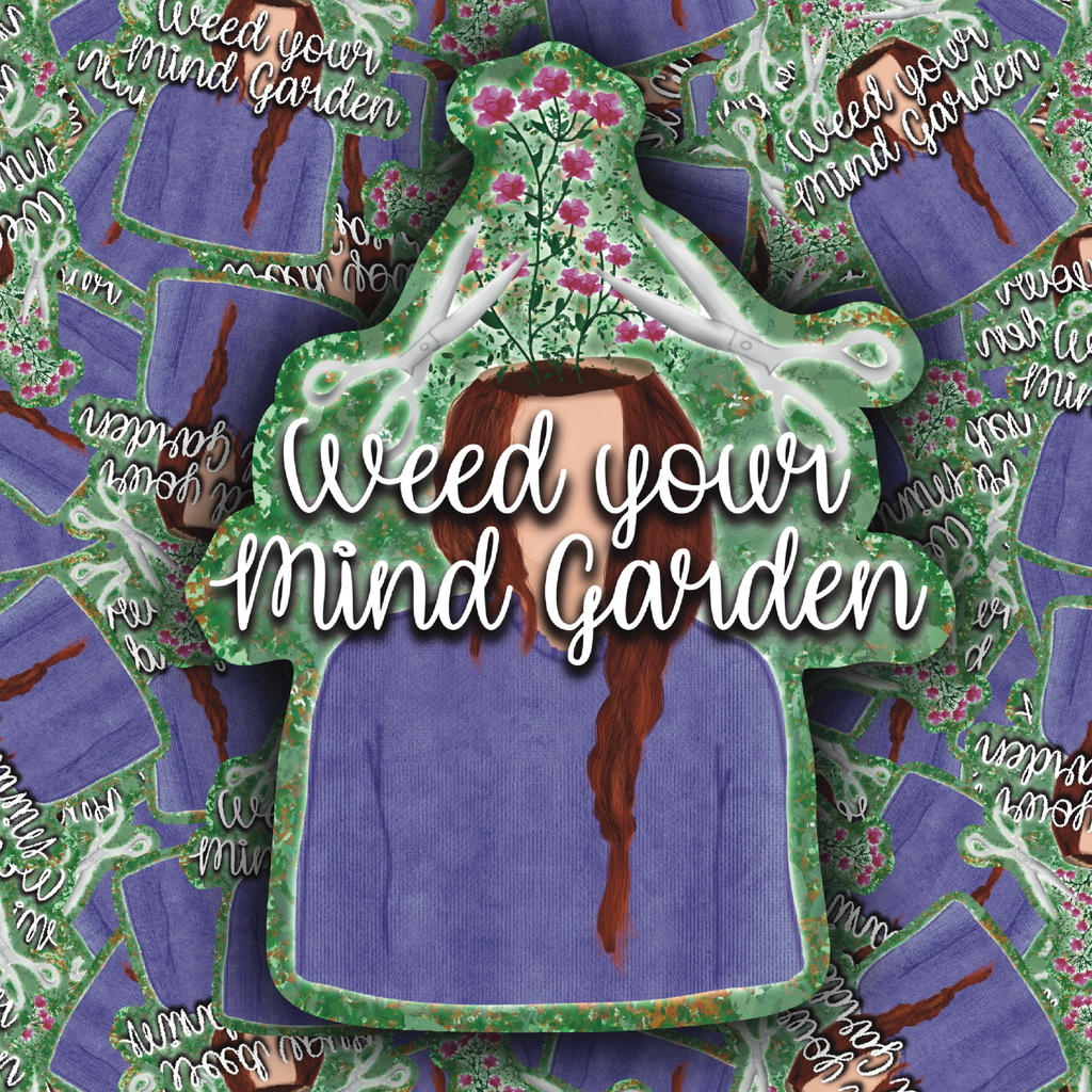 A die-cut sticker or patch featuring a purple robe with brown hair, pink flowers, and white antlers, surrounded by green leaves and the text 'Weed your mind garden'.