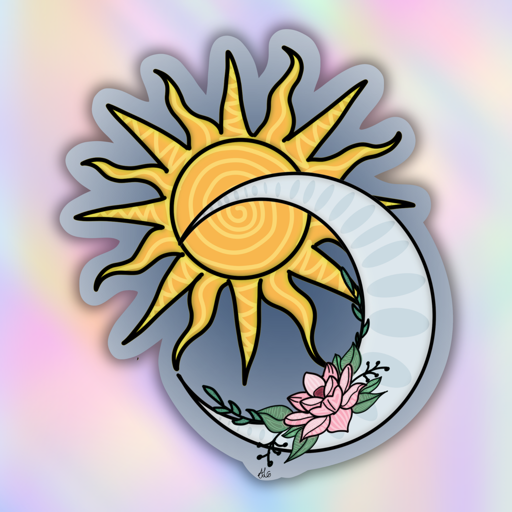 A die-cut sticker featuring a stylized yellow sun overlapping a white crescent moon, with a pink flower and green leaves at the bottom right, shown on a soft pastel rainbow gradient background.