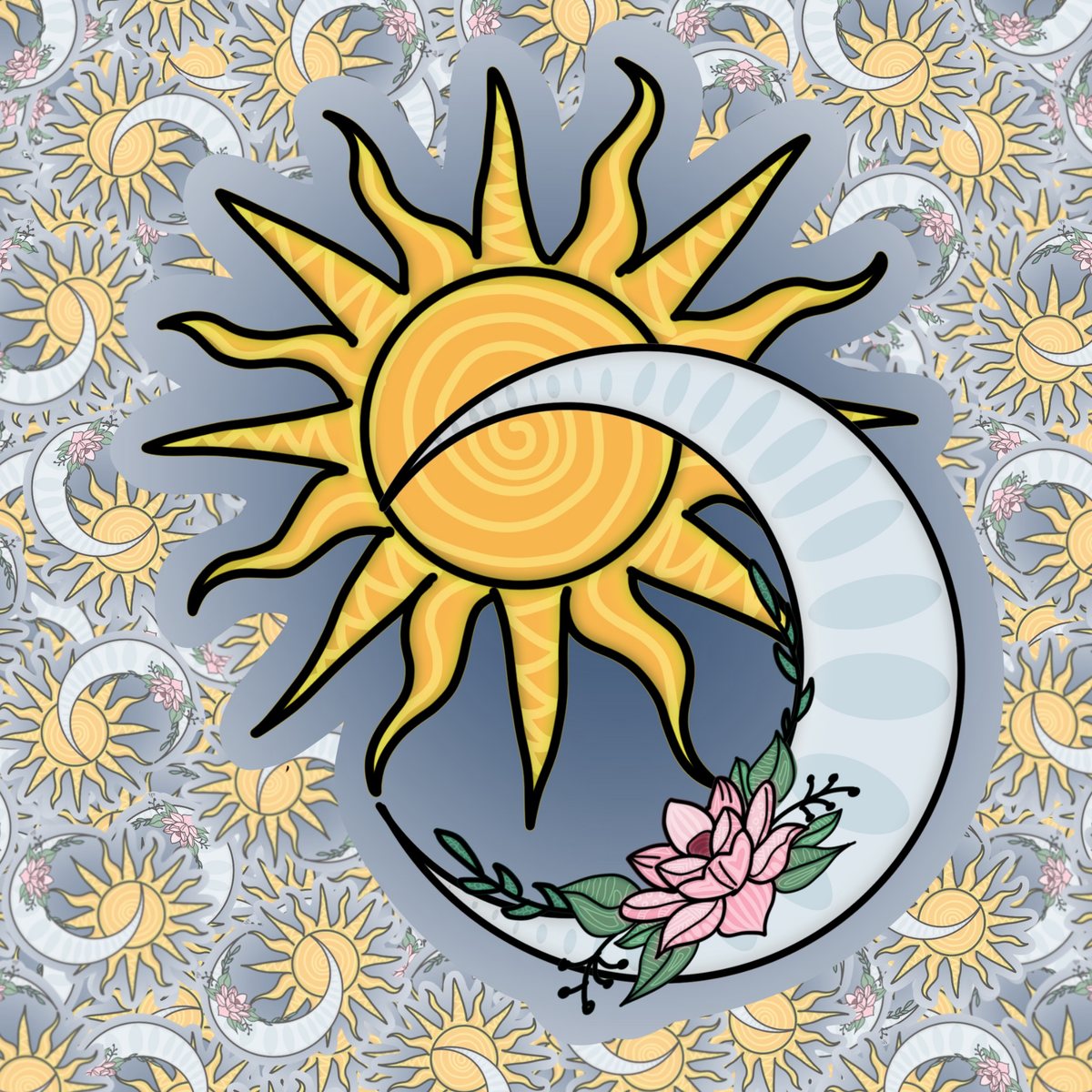 A stylized graphic design featuring a large yellow sun and crescent moon with a pink flower and green leaves, set against a gray background filled with a repeating sun-and-moon pattern.