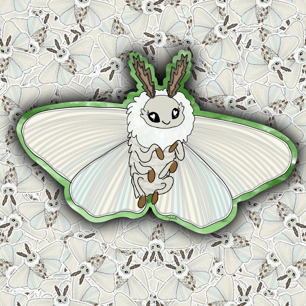 A die-cut enamel pin or sticker featuring a cute cartoon moth with large white wings, a fuzzy cream body, brown antennae, and a green outline, shown against a repeating patterned background of similar moths.