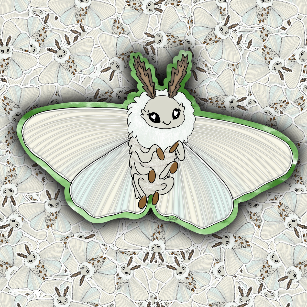 A die-cut enamel pin or sticker featuring a cute cartoon moth with large white wings, a fuzzy cream body, brown antennae, and a green outline, shown against a repeating patterned background of similar moths.