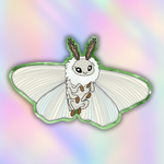 A cute cartoon moth or moth-like insect character with large white wings, fluffy white body, brown antennae, and small brown spots, centered on a pastel iridescent gradient background.