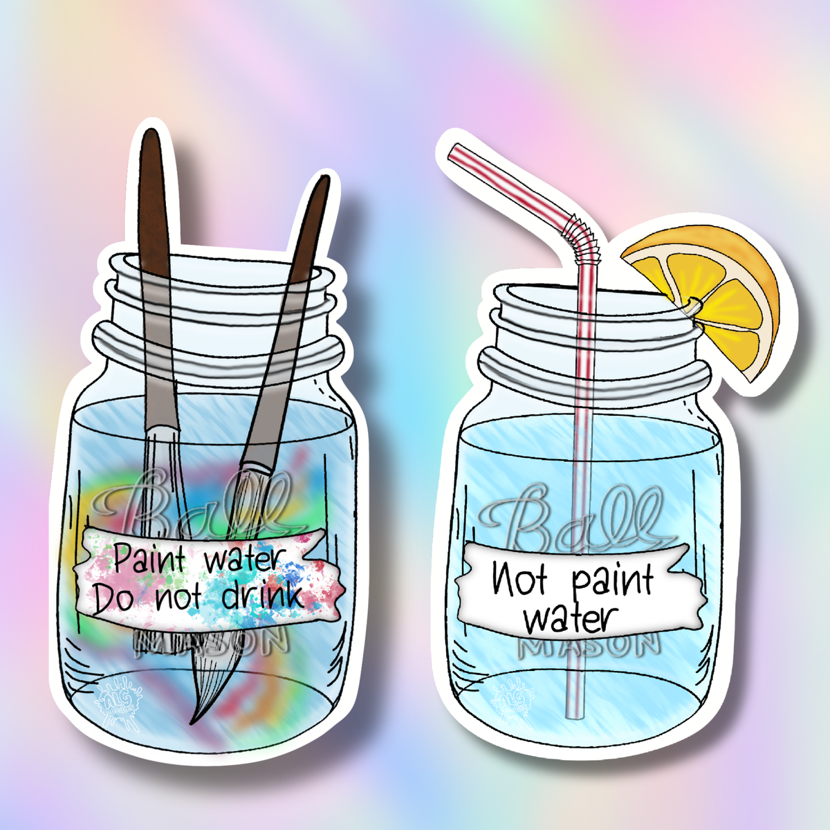 Two die-cut vinyl stickers featuring illustrated mason jars with straws and paintbrushes, shown on a pastel rainbow gradient background. The left sticker says 'Paint water.