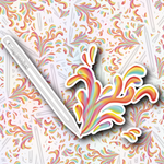 Collage-style image featuring a rainbow paint pen splash vinyl sticker with pastel rainbow paint flowing from a white paint pen.