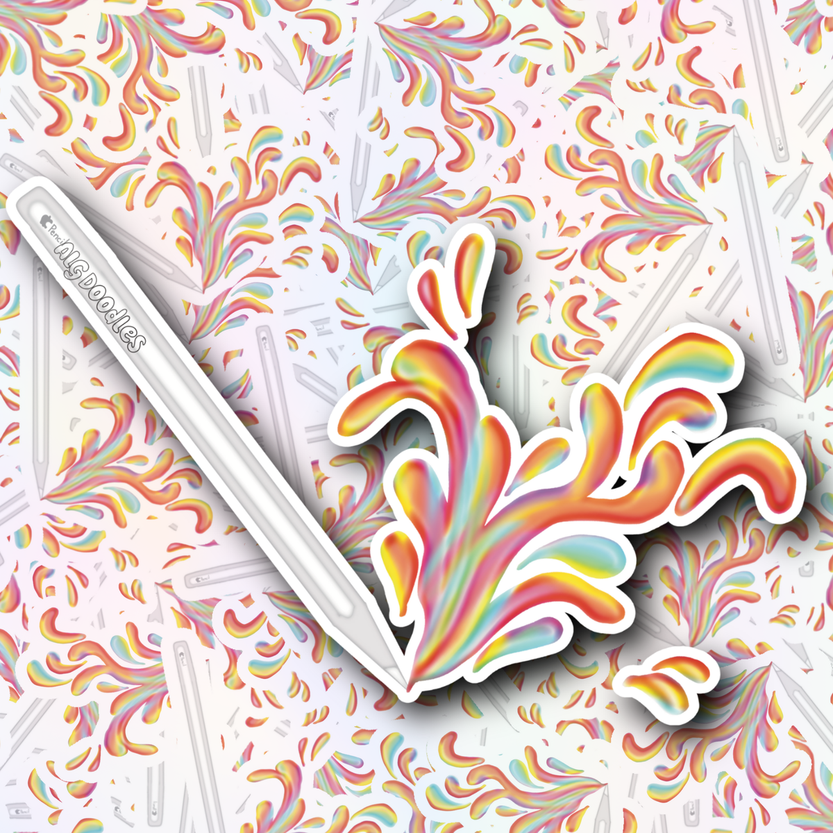Collage-style image featuring a rainbow paint pen splash vinyl sticker with pastel rainbow paint flowing from a white paint pen.