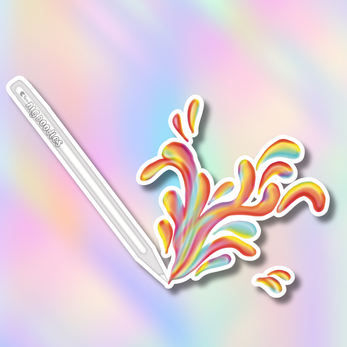 Close-up vinyl sticker of a white paint pen creating a flowing rainbow paint splash design on a pastel background.