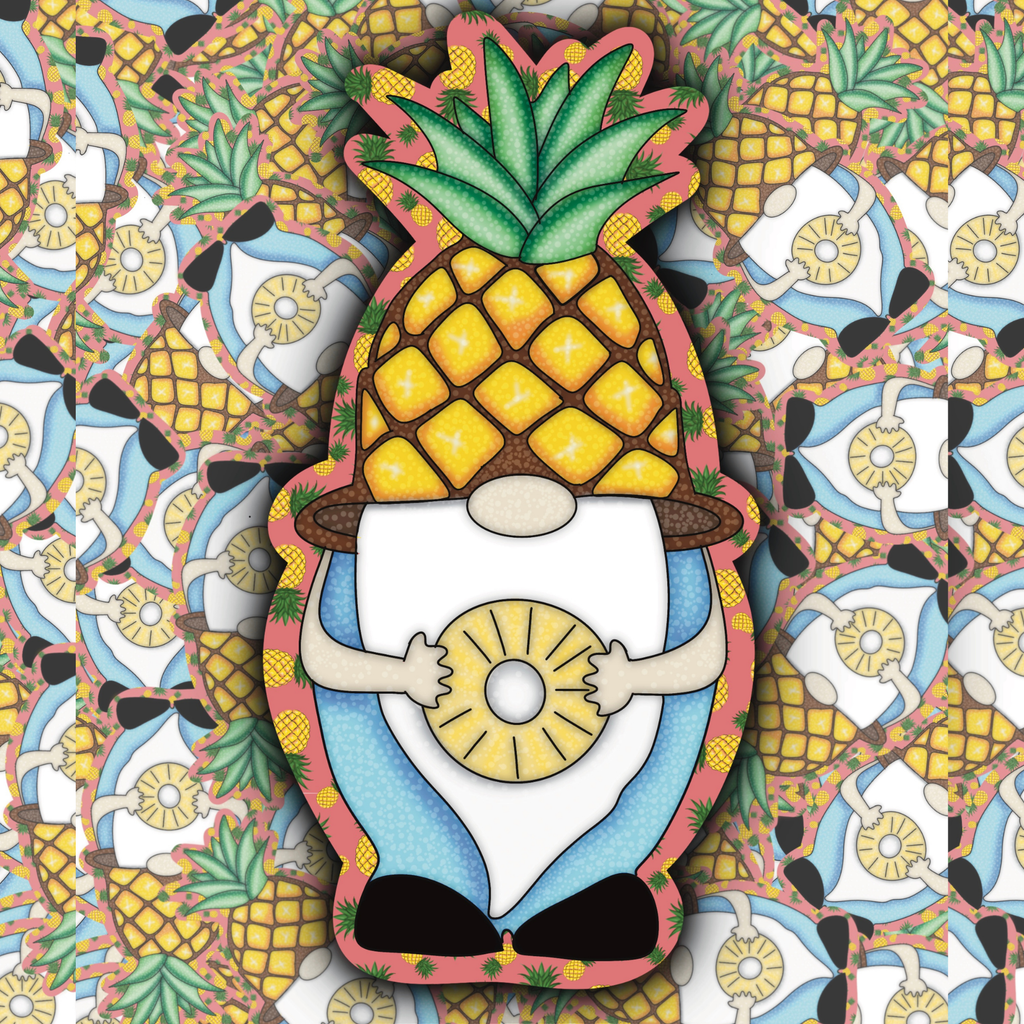 A colorful illustrated pineapple-shaped gnome wearing a blue shirt and black shoes, holding a pineapple slice, set against a repeating patterned background of similar motifs.