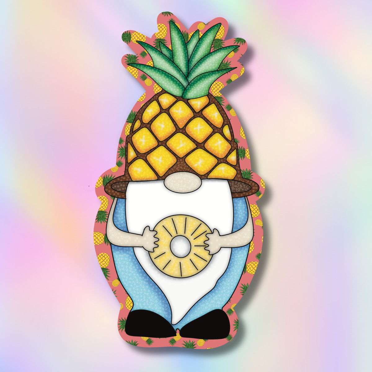 A die-cut sticker or decal featuring a whimsical gnome styled as a pineapple, with a yellow pineapple body, green leafy top, white beard, blue pants, and black shoes, shown on a pastel iridescent background.