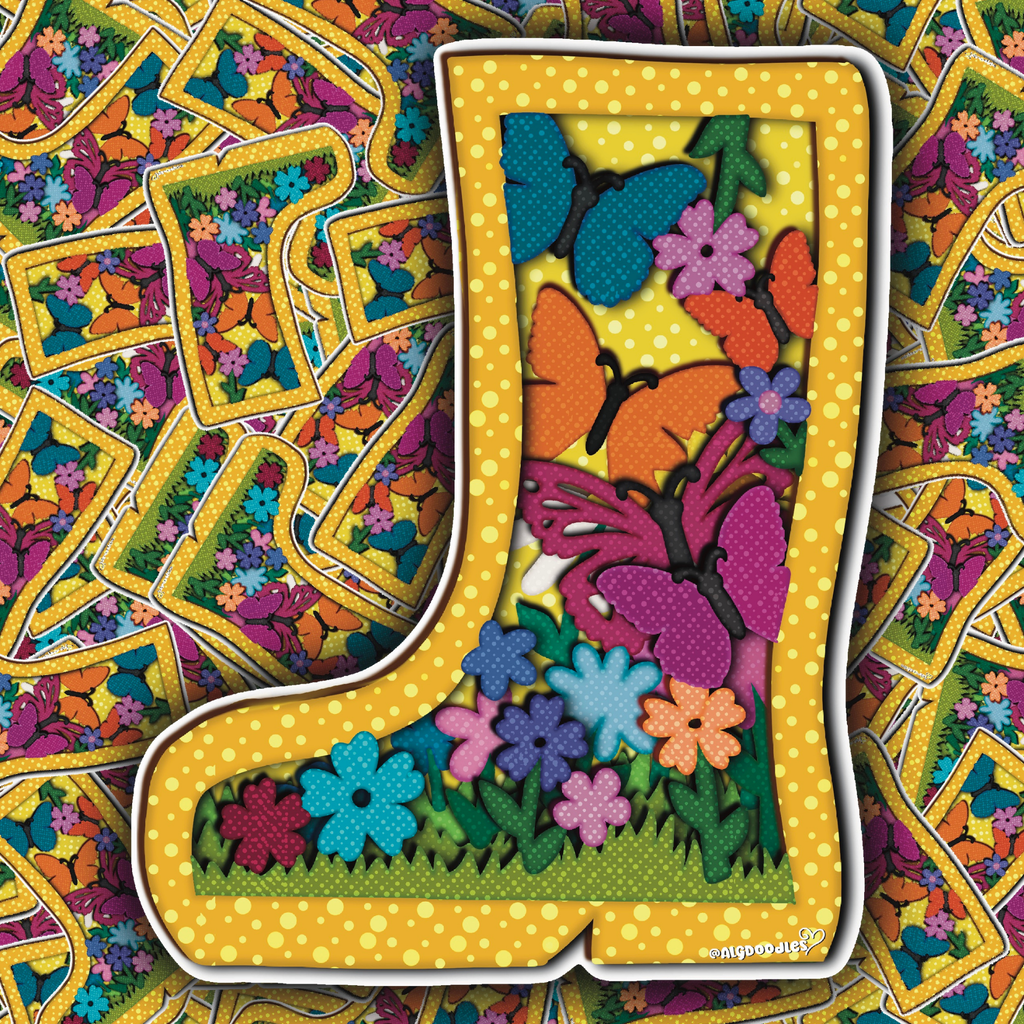 Collage display of colorful rain boot butterfly stickers scattered across a patterned floral background.
