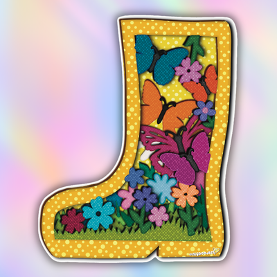 Colorful rain boot sticker filled with butterflies and flowers in a layered dot-art style with a yellow border and whimsical spring colors.