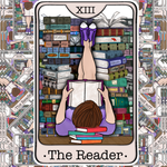 A tarot card style illustration labeled 'XIII The Reader' showing a person lying on their back among tall stacks of books, holding an open book. The card is centered on a patterned border made of repeated tarot card motifs.