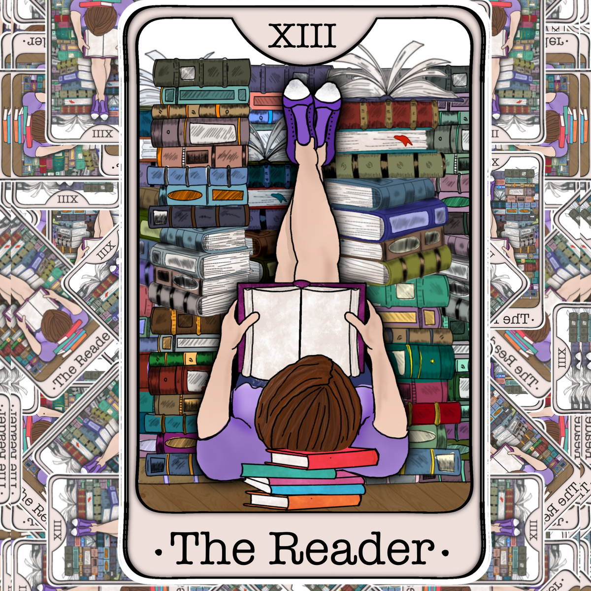 A tarot card style illustration labeled 'XIII The Reader' showing a person lying on their back among tall stacks of books, holding an open book. The card is centered on a patterned border made of repeated tarot card motifs.