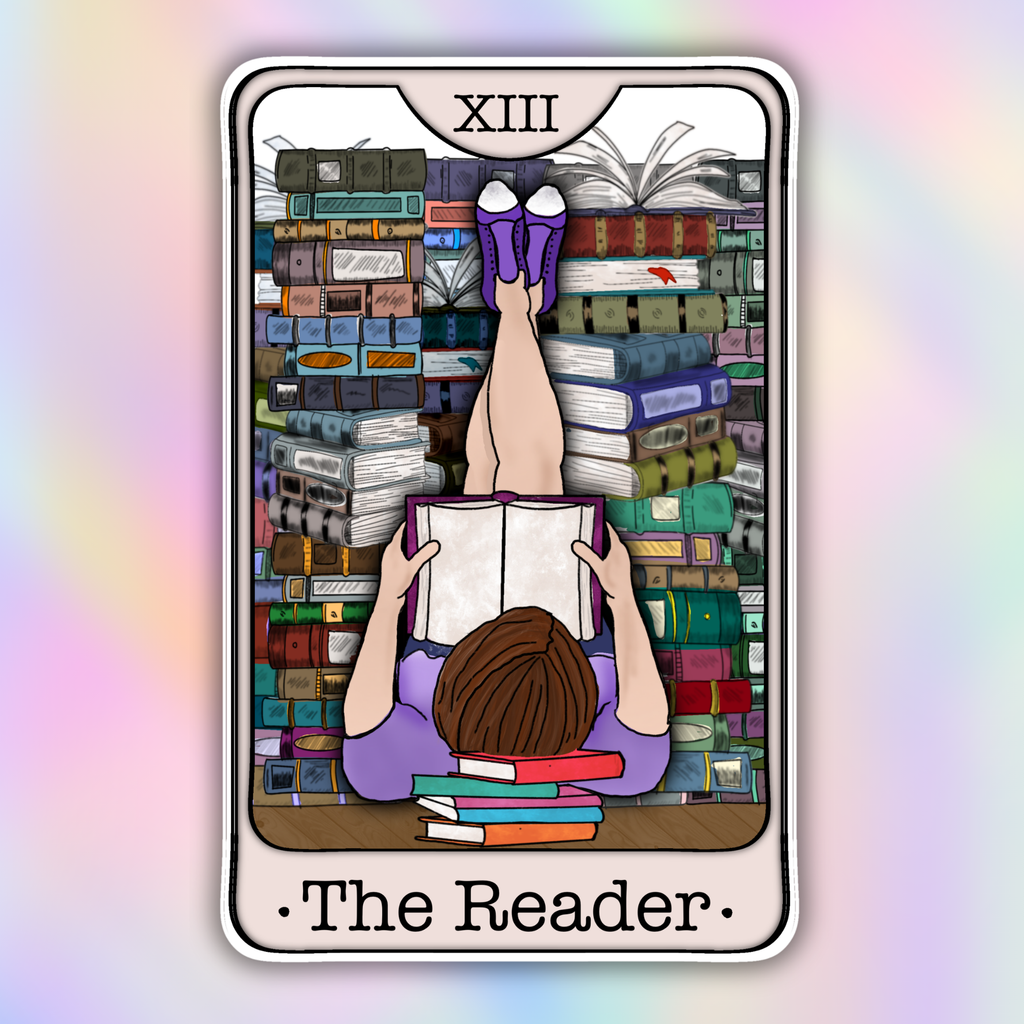 A tarot card style illustration labeled 'XIII The Reader' showing a person lying on their back in a book-filled library, holding an open book with their legs raised. The card is centered on a pastel iridescent gradient background.