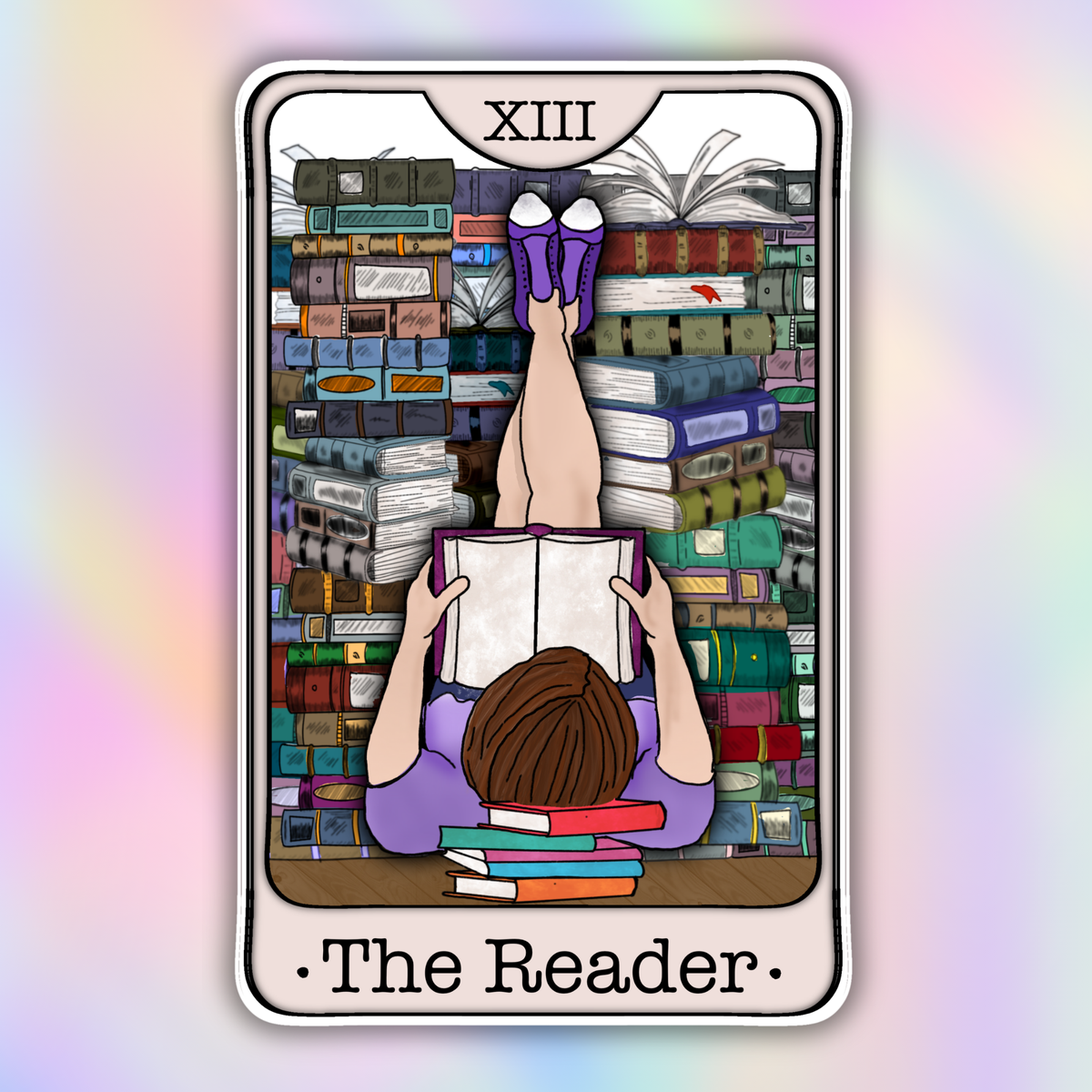 A tarot card style illustration labeled 'XIII The Reader' showing a person lying on their back in a book-filled library, holding an open book with their legs raised. The card is centered on a pastel iridescent gradient background.
