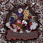 A circular die-cut sticker featuring a group of horror-themed teddy bears with knives and a skull, with the text 'Scare Bears' at the bottom, shown against a background of repeated sticker designs.